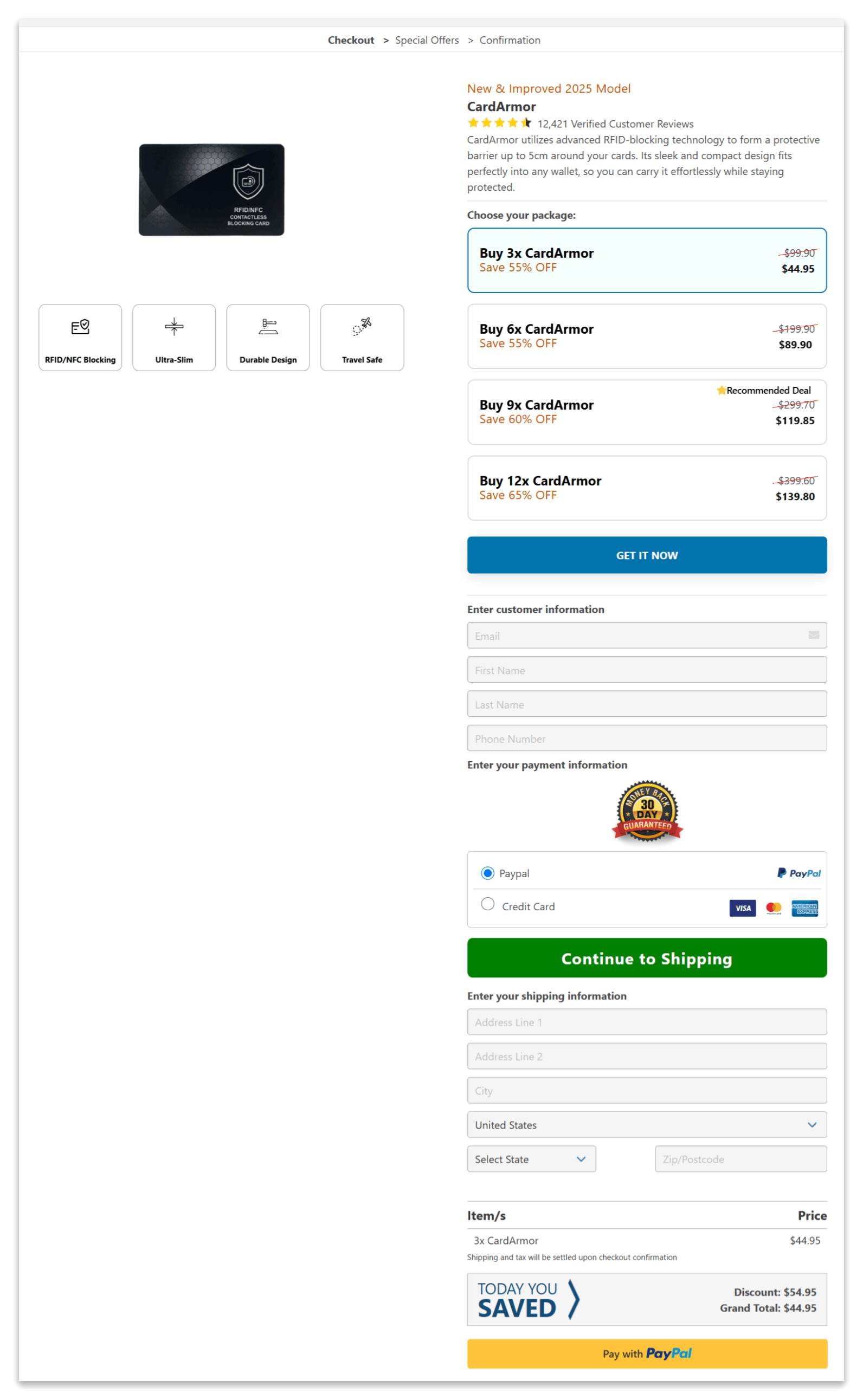 Card Armor secure checkout page
